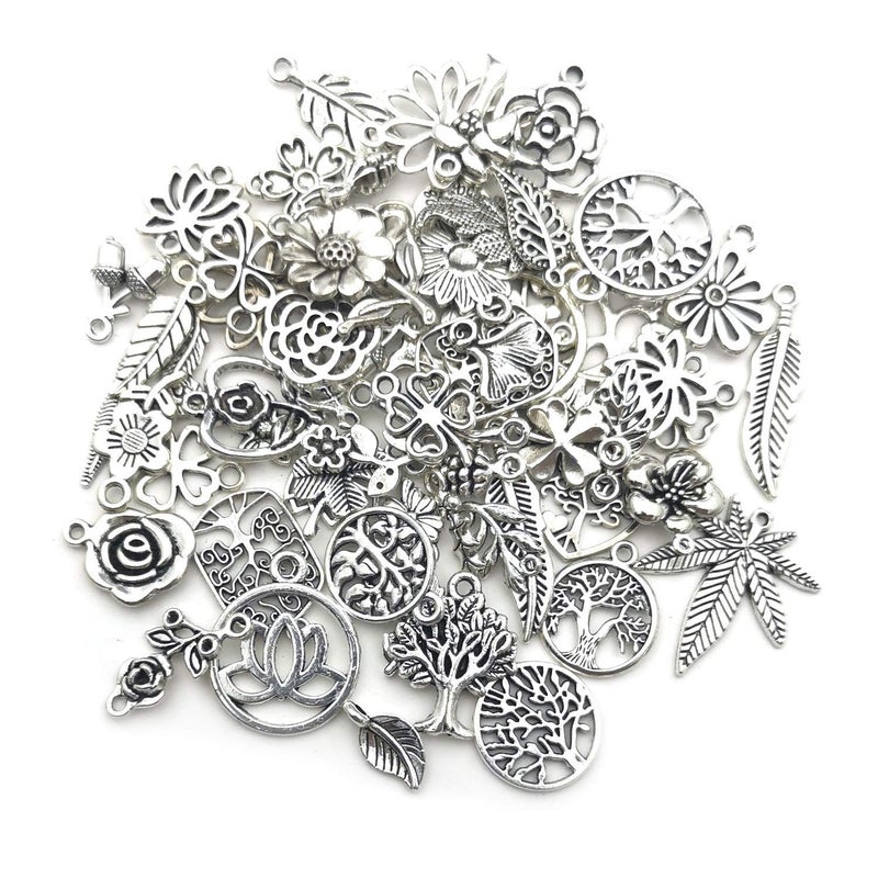Youdiyla 100pcs Mix Silver Tree Flower Charms Collection, Bulk Mini Small Little Charms Metal Pendant Craft Supplies Findings for Necklace and Bracelet Jewelry Making (HM291) - Image 5